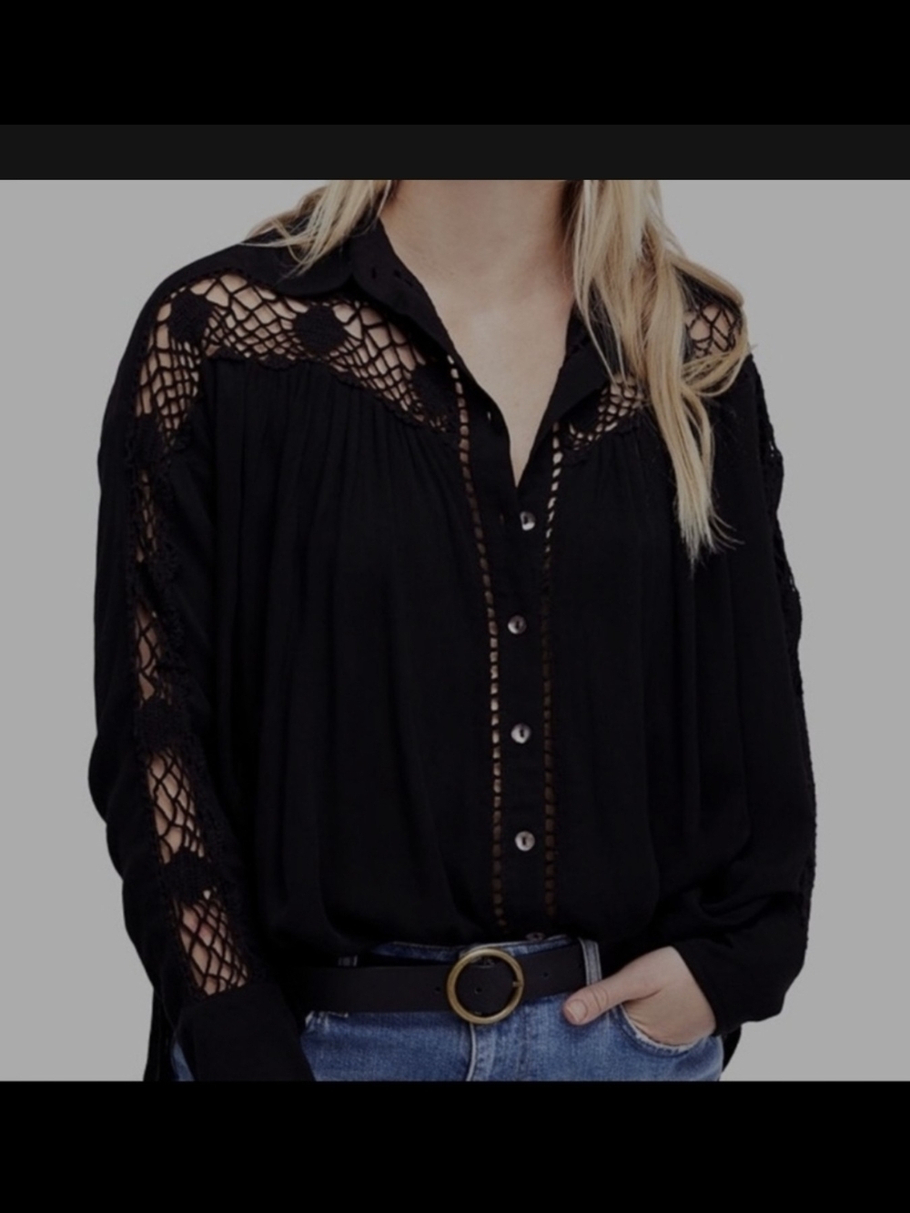 Free People Black Crochet Inset Button-Down Top